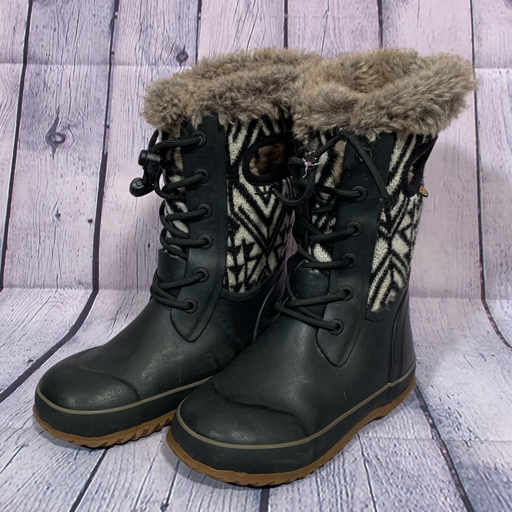 Bogs Kids Arcata Knit Boot black White Size 12 Wool Blend Lining Winter Thermal